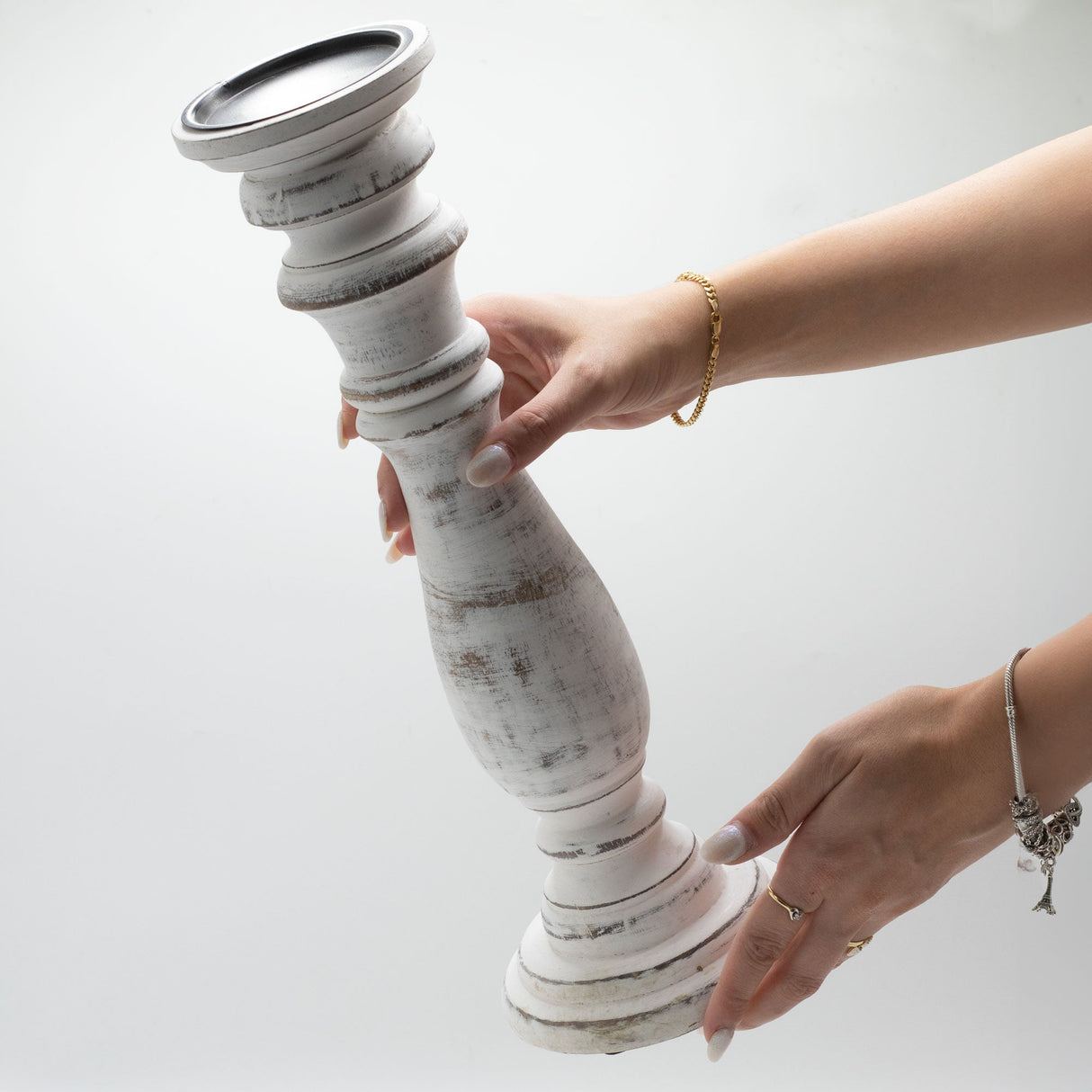 Tall Distressed Whitewash Mango Wood Candle Stand - Classic Vintage Home Decor 37x10cm - SHAMTAM.COM