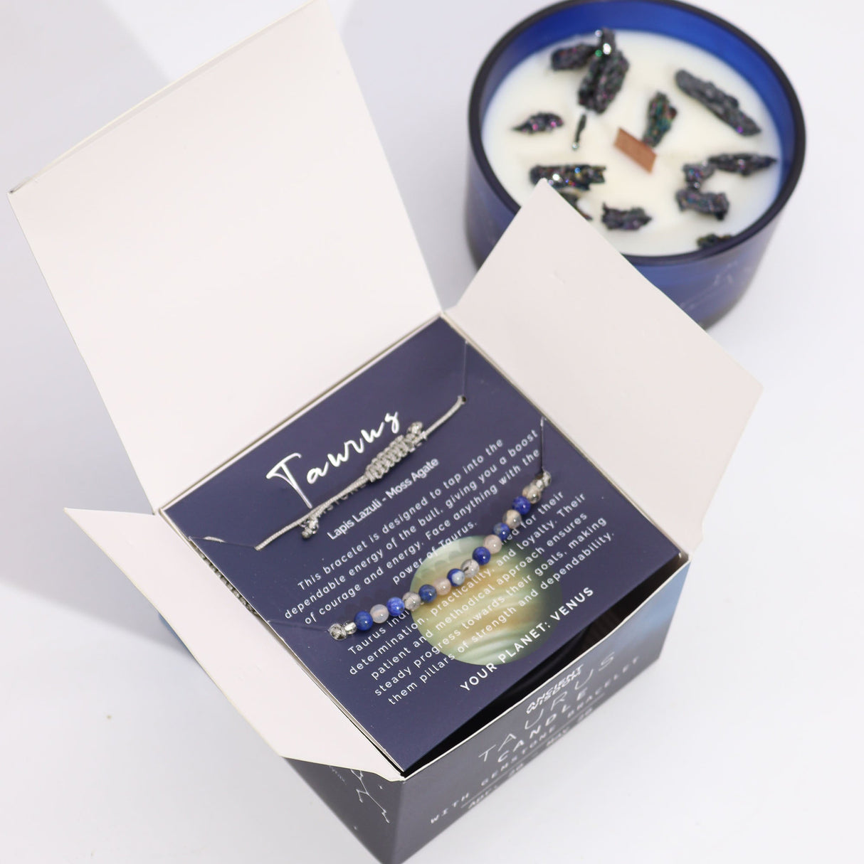Taurus Zodiac Crystal Candle and Gemstone Bracelet Set - Lapis Lazuli & Moss Agate with Forest Fernwood & Patchouli Scent - SHAMTAM.COM