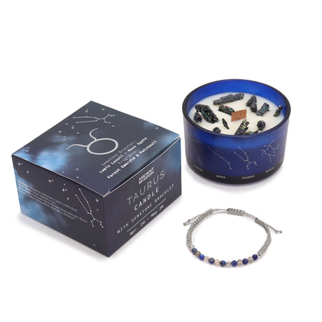 Taurus Zodiac Crystal Candle and Gemstone Bracelet Set - Lapis Lazuli & Moss Agate with Forest Fernwood & Patchouli Scent - SHAMTAM.COM