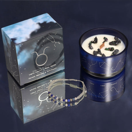 Taurus Zodiac Crystal Candle and Gemstone Bracelet Set - Lapis Lazuli & Moss Agate with Forest Fernwood & Patchouli Scent - SHAMTAM.COM