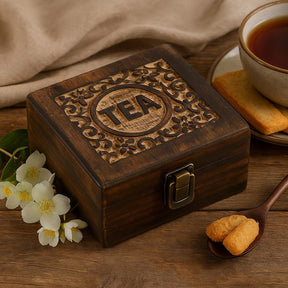 Wooden tea box with floral and tea cup background