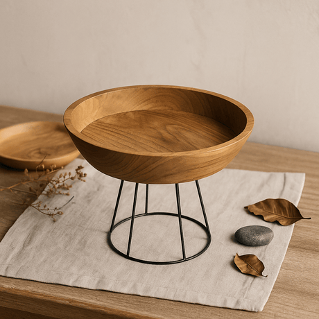 Teak Serving Bowl on Metal Stand - SHAMTAM.COM
