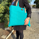 Teal Jute & Cotton Reversible Tote Bag with Front Pocket and Button Closure - Casual Everyday Handbag - SHAMTAM.COM