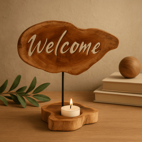 Tealight Candle Holder Wooden Welcome - SHAMTAM.COM