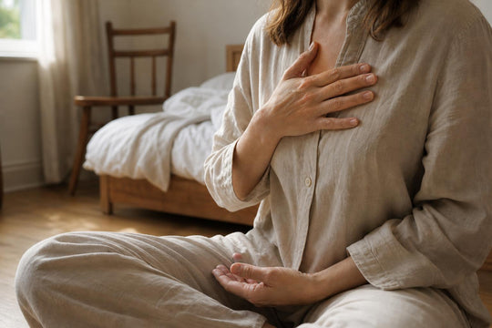 Hands resting over the chest during a seated breathing practice in soft morning light