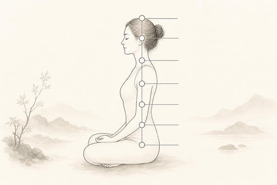Eine Liniendarstellung der sieben Chakrazentren entlang der Wirbelsäule, von der Wurzel bis zum Scheitel, jedes mit seiner traditionellen Position gekennzeichnet - eine klare Orientierung, um das Zentrum zu finden, mit dem du arbeitest.