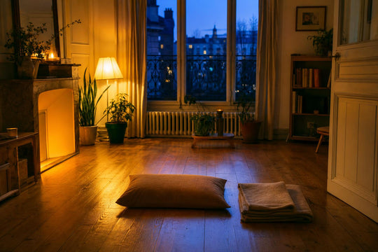An empty floor cushion and blanket set out for practice in a European living room at dusk