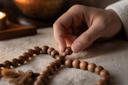 A hand moving a single bead along a wooden mala during japa