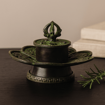 Tibetan Brass Incense Holder Eight Auspicious Symbols Verdigris