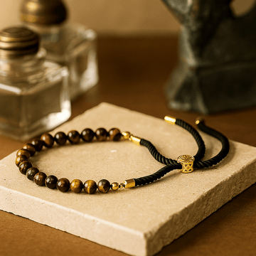 Tigerøje armbånd justerbar sort snor 18K guldbelagt