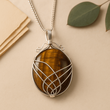Tiger Eye Wire Wrapped Pendant Necklace