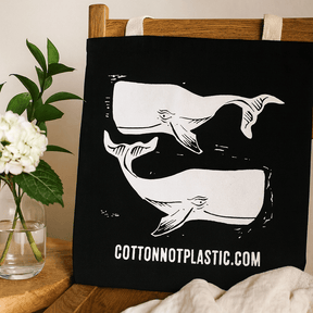 Tote Bag Black 8oz Cotton Whales Print 38x42cm - SHAMTAM.COM