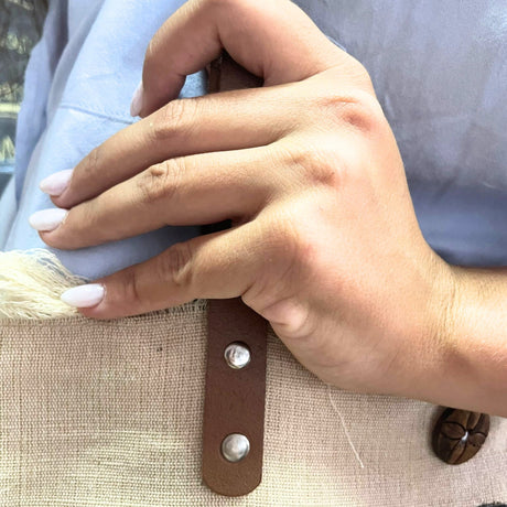 Eco - Friendly Beige Tote Bag with Brown Leather Handles and Mandala Design - Sustainable, Durable, and Stylish with Frilly Edges and Secure Closure - SHAMTAM.COM