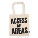 Beige tote bag with 'ACCESS ALL AREAS' text on a white background