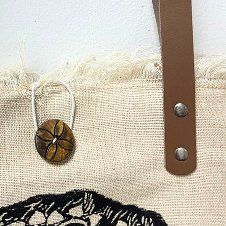 Handcrafted Natural Beige Tote Bag with Brown Leather Handles and Buddha Mandala Design – Eco - Friendly, Artistic, and Durable with Frayed Edges and Secure Closure - SHAMTAM.COM