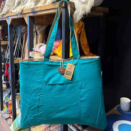 Teal Jute & Cotton Reversible Tote Bag with Front Pocket and Button Closure - Casual Everyday Handbag - SHAMTAM.COM