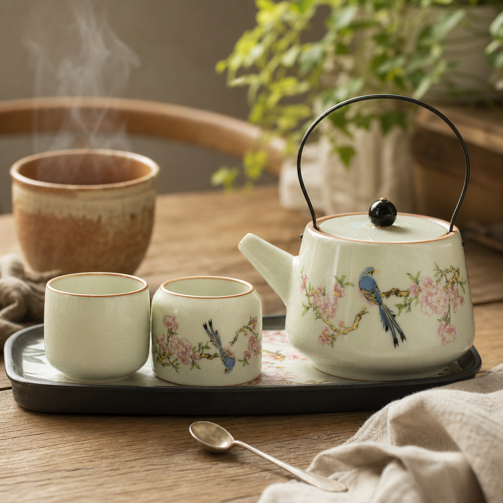 Travel Teapot Set & Two Cups - Blue Bird Qing Dynasty — styled in a warm, naturally lit interior