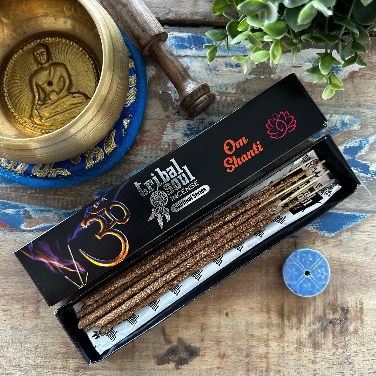 Om Shanti Spiritual Incense Sticks and Ceramic Burner Tribal Soul - SHAMTAM.COM