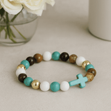 Turquoise Stretch Beaded Bracelet With Cross - SHAMTAM.COM
