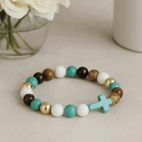Turquoise Stretch Beaded Bracelet With Cross - SHAMTAM.COM