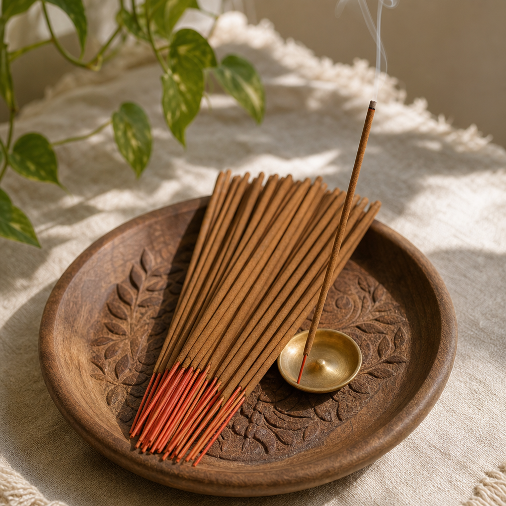 Vedic Incense Sticks - Tangerine Vanilla — styled in a warm, naturally lit interior