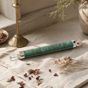 Verdant Heart Wand - Ruby Fuchsite Rose Quartz Crystal Ball top - 23cm — styled in a warm, naturally lit interior