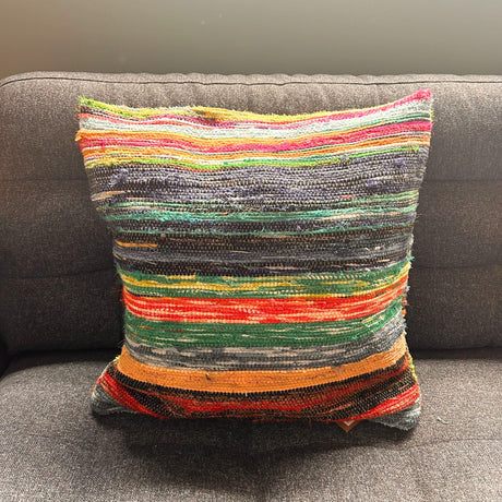 Vibrant Multicolor Rag Rug Cushion Covers - Eclectic Woven Decorative Pillow in Natural Greens - SHAMTAM.COM