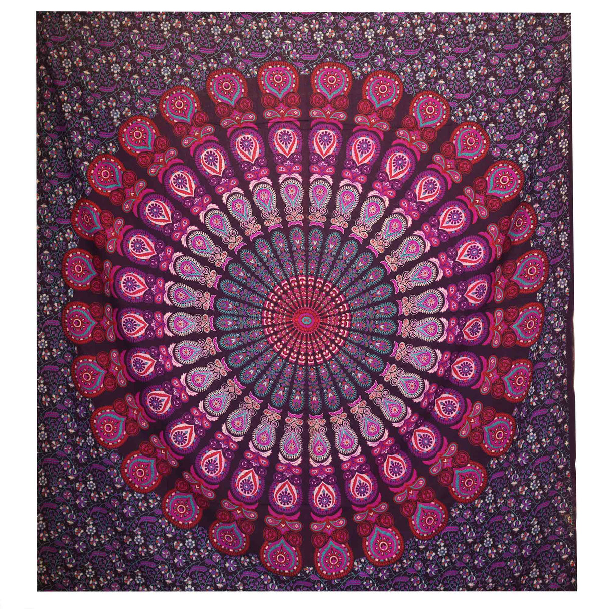 Vibrant Purple Peacock Mandala Cotton Bedspread & Wall Hanging - Bohemian Floral Tapestry Decor - SHAMTAM.COM