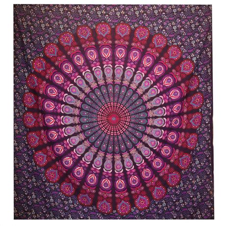 Vibrant Purple Peacock Mandala Cotton Bedspread & Wall Hanging - Bohemian Floral Tapestry Decor - SHAMTAM.COM