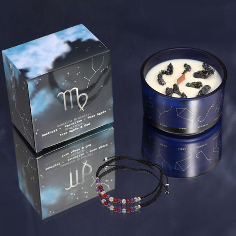 Virgo Zodiac Crystal Candle & Gemstone Bracelet Set – Aromatic Self - Care Gift with Amethyst, Carnelian, Moss Agate - SHAMTAM.COM