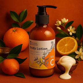 Vitamin C body lotion with orange and lemon essential oils, nourishing and hydrating citrus-scented skincare product in pump bottle.