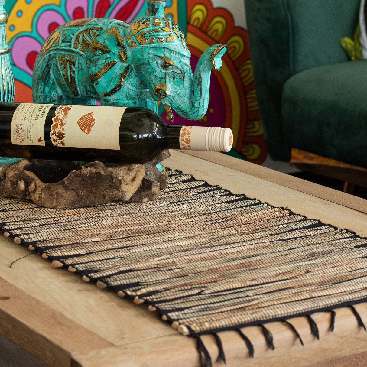 Water Hyacinth Natural Table Runner - Black Tiger with Fringe - 150cm - SHAMTAM.COM