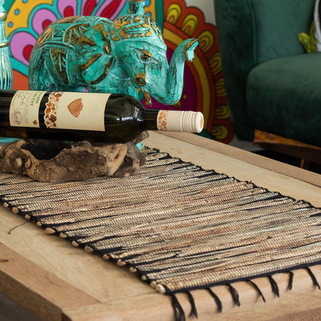 Water Hyacinth Natural Table Runner - Black Tiger with Fringe - 150cm - SHAMTAM.COM