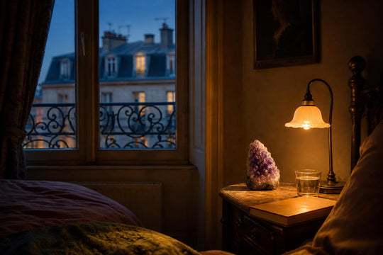 An amethyst cluster on a bedside table in a dimly lit European bedroom at dusk.