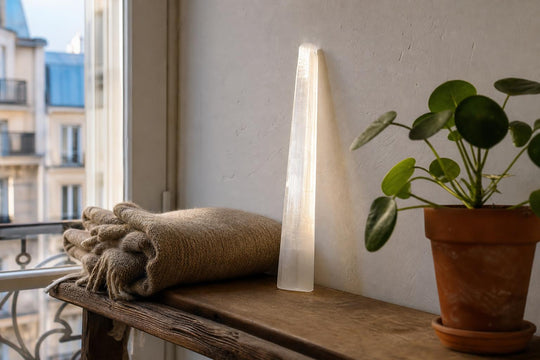 A single selenite wand on a narrow shelf in a small, light-filled European flat.