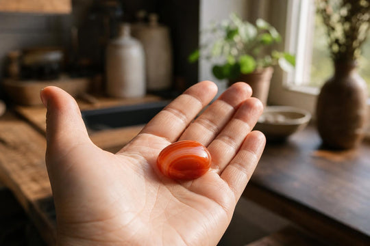 A polished carnelian stone held in an open hand near a window