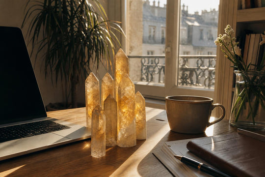 Citrine crystal points on a desk in afternoon light