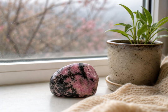 A rhodonite crystal on a windowsill beside a young potted plant