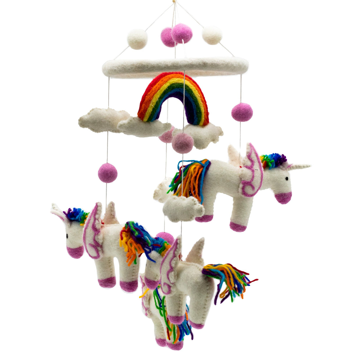 Whimsical Handmade Felt Baby Mobile with Rainbow Unicorns and Clouds - Nursery Decor with Pink Pom - Poms - SHAMTAM.COM