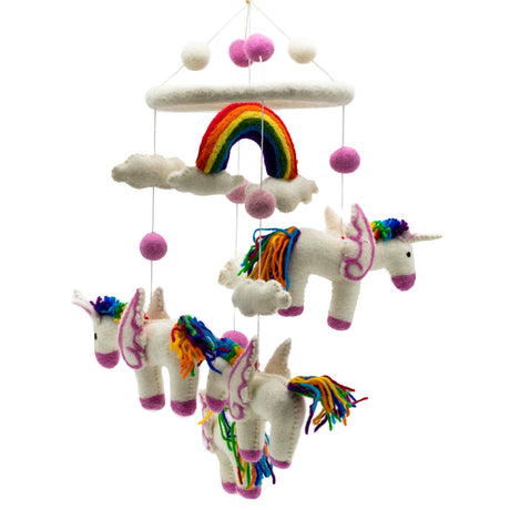 Whimsical Handmade Felt Baby Mobile with Rainbow Unicorns and Clouds - Nursery Decor with Pink Pom - Poms - SHAMTAM.COM