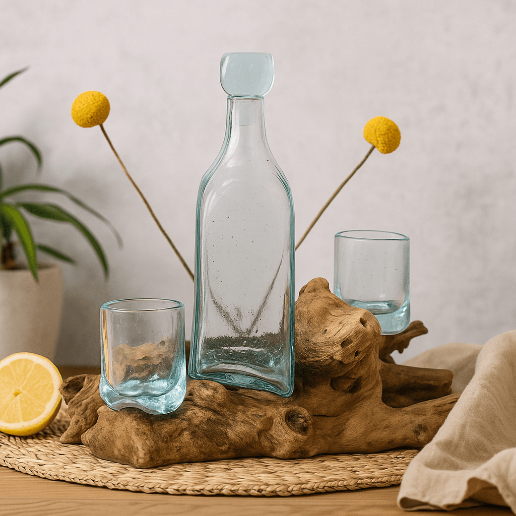 Whisky Set Molten Glass On Wood Base - SHAMTAM.COM