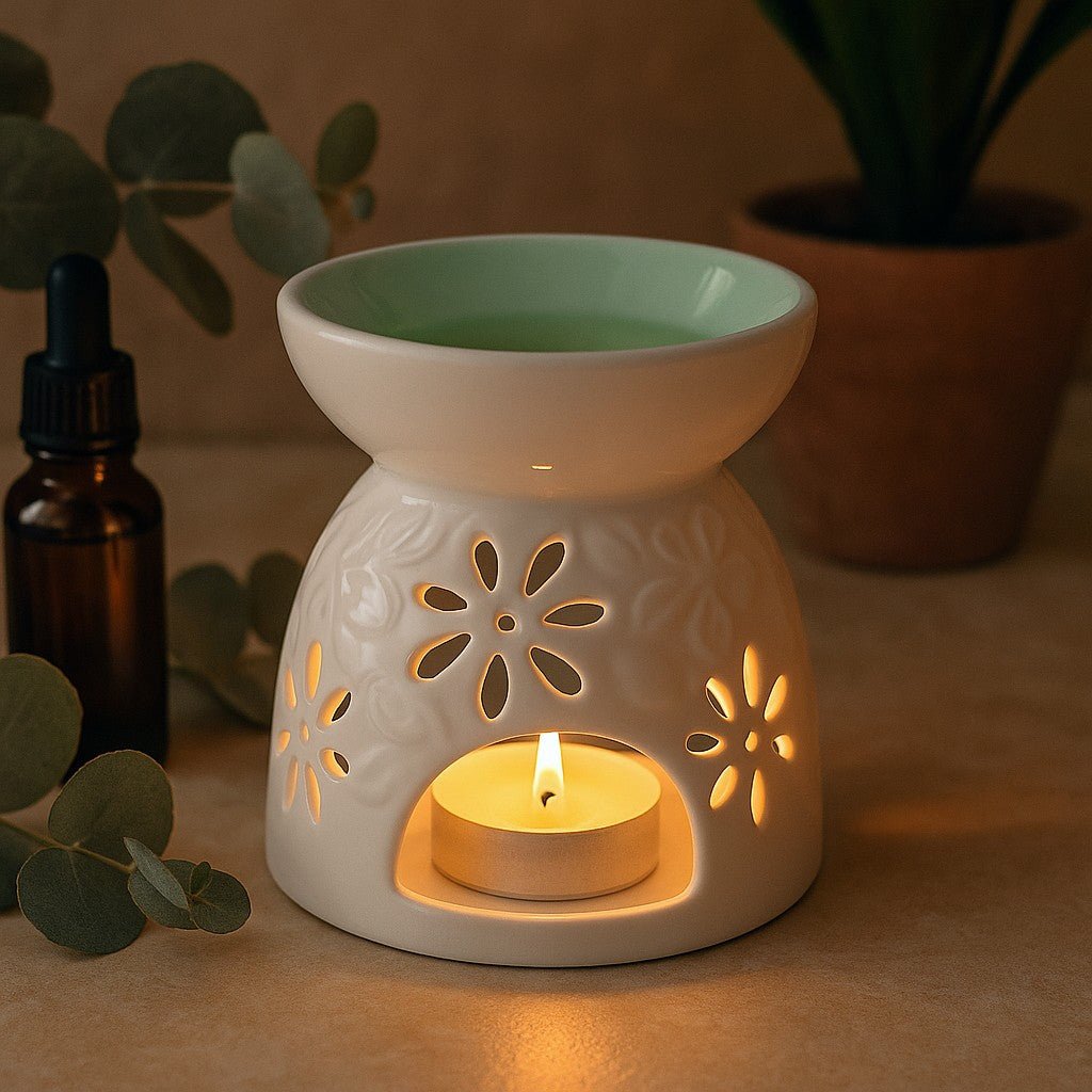 White Ceramic Oil Burner - Floral Teal Well - SHAMTAM.COM