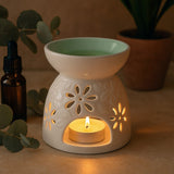 White Ceramic Oil Burner - Floral Teal Well - SHAMTAM.COM
