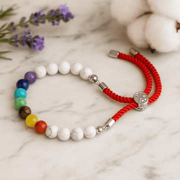White Howlite Chakra Red String Bracelet – Silver Plated