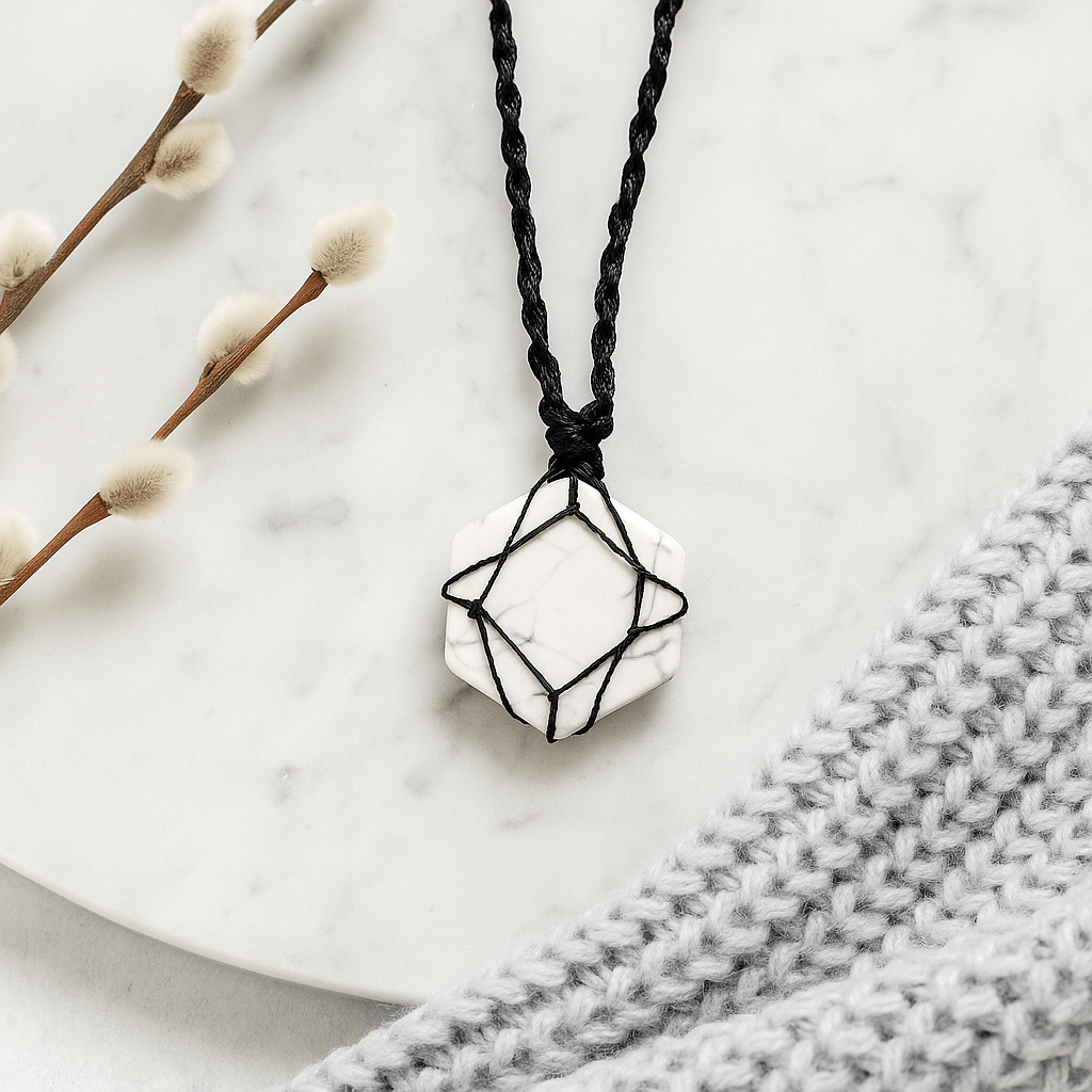 White Howlite Hexagon Pendant Necklace With Adjustable Cord - SHAMTAM.COM