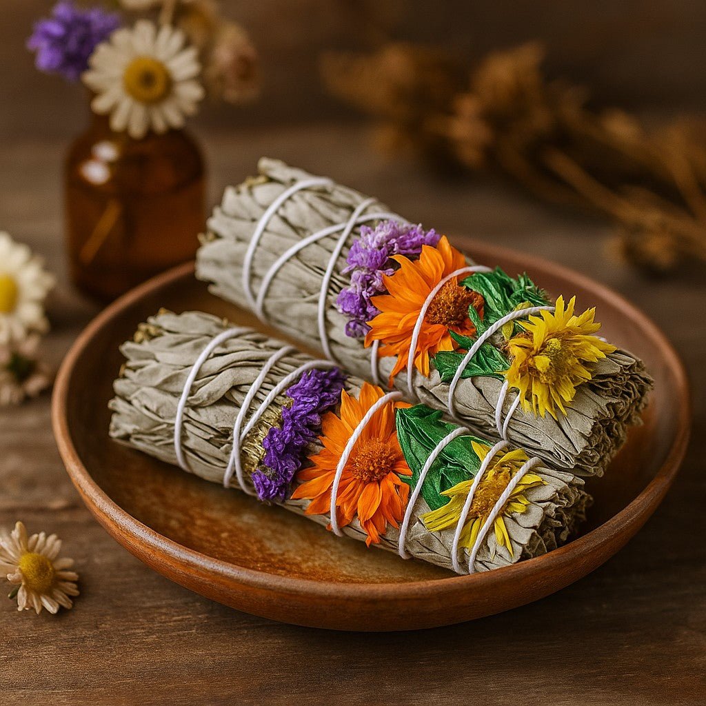 White Sage Smudge Stick Daisy And Statice, 10cm - SHAMTAM.COM