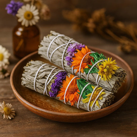 White Sage Smudge Stick Daisy And Statice, 10cm - SHAMTAM.COM