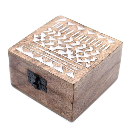 White Washed Wooden Box - 4x4 Aztec Design - SHAMTAM.COM