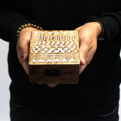 White Washed Wooden Box - 4x4 Aztec Design - SHAMTAM.COM