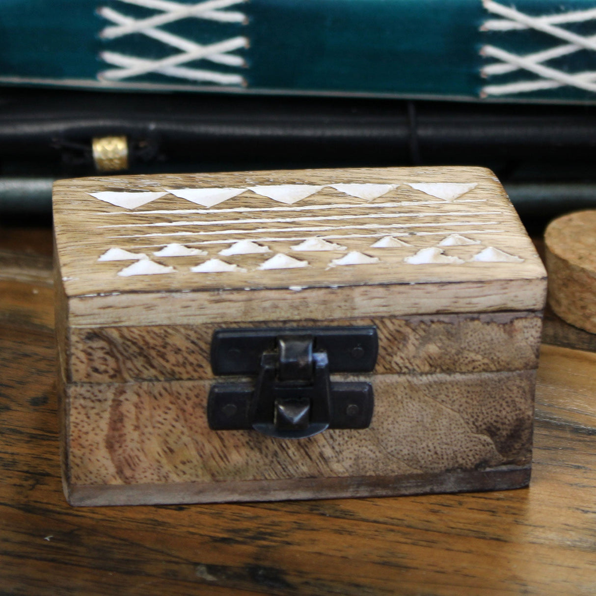 White Washed Wooden Box - Pill Box Aztec Design - SHAMTAM.COM